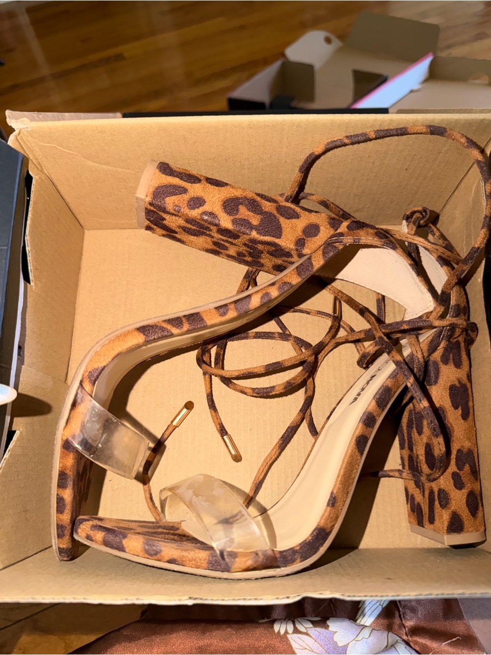 Fashion Nova Leopard Print Lace-Up Block Heel Sandals in Brown